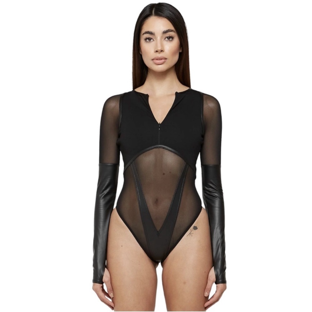 Maniere De Voir High Leg Effect Vegan Leather Bodysuit Contour Spiral Leggings